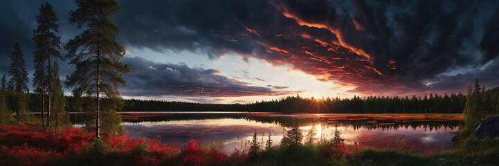 Wall Mural - Finnish Nature Day. fabulous nature. green dense forest. green grass. forest vegetation. summer nature. sunset. sunrise. Lake in the forest