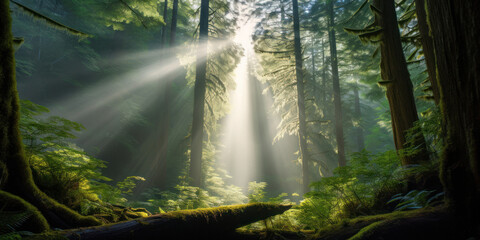 Wall Mural - Ancient Woodland In Morning Under Sun Light. Sunlight Shine In Fog Green Forest. Generative AI