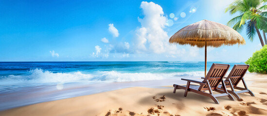 Wall Mural - chairs under parasol in sand beach of beautiful tropical view with white sand, turquoise ocean and b