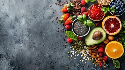 Wall Mural - Healthy food clean eating selection: fruit, vegetable, seeds, superfood, cereal, leaf vegetable on gray concrete background