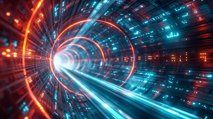 Wall Mural - Futuristic digital tunnel with vibrant lights in red and blue, representing fast data transfer, technology, and innovation.