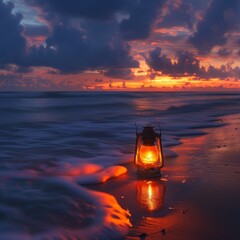 Wall Mural - Mystical Beach Sunset with Lantern