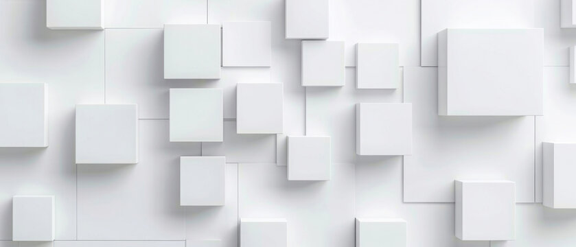 Abstract geometric white bright 3d texture wall with squares and square cubes background illustration, textured wallpaper