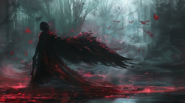 The dark figure with red wings stands in a misty forest, surrounded by a flock of red birds.
