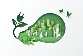 Wall Mural - environment  and eco concept with a family  Do activities together in green city