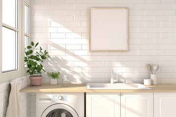 Cozy home laundry interior with washing machines and sink, window. Mockup frame