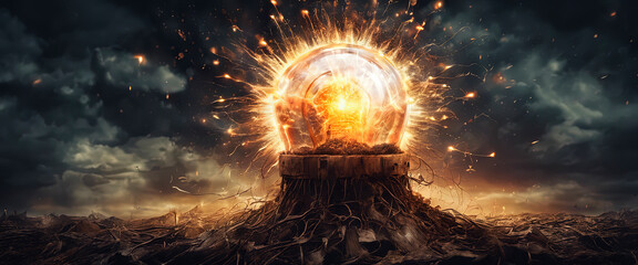 Wall Mural - Exploding light bulb concept on dark background.