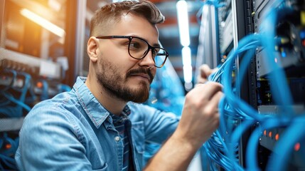 A young male technician working in a data center, connecting blue cables to a network switch on the wall.