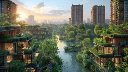 Wall Mural - A city with a river running through it and buildings with green roofs