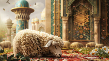 Wall Mural - sheep stands in front of a large mosque happy eid-al-adha feast of the sacrifice greeting