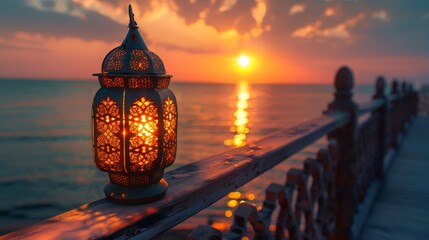 Wall Mural - Serene Evening at the Beach, with a Sunset and a Lit Lantern on a Railing.