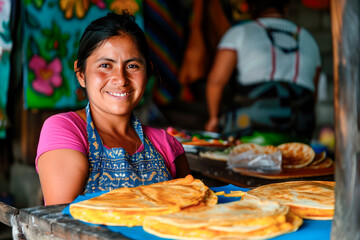 Wall Mural - A mexican seller woman is smiling and looking at camera while sell traditional mexican quesadillas on the street