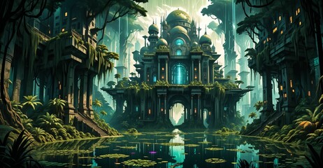 Poster - gothic baroque city monument building in forest island marsh wetland swamp in summer. cyberpunk goth palace castle tower surrounded by water and overgrowth nature landscape.