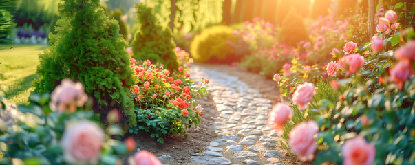 Wall Mural - Beautiful coniferous garden with blue spruces, fir trees, thujas, junipers and blooming roses.