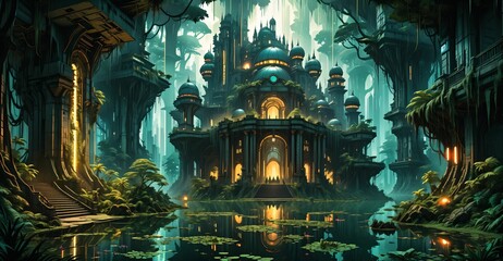 Poster - gothic baroque city monument building in forest island marsh wetland swamp in summer. cyberpunk goth palace castle tower surrounded by water and overgrowth nature landscape.