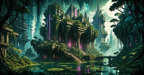 Wall Mural - gothic baroque city monument building in forest island marsh wetland swamp in summer. cyberpunk goth palace castle tower surrounded by water and overgrowth nature landscape.