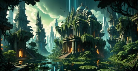 Poster - gothic baroque city monument building in forest island marsh wetland swamp in summer. cyberpunk goth palace castle tower surrounded by water and overgrowth nature landscape.