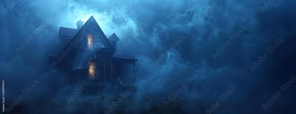 Haunted house in an eerie side view, broken windows and sagging roof ...