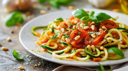 Wall Mural - Vibrant Vegan Zucchini Noodle Pasta with Flavorful Tomato Basil Sauce and Crunchy Pine Nuts