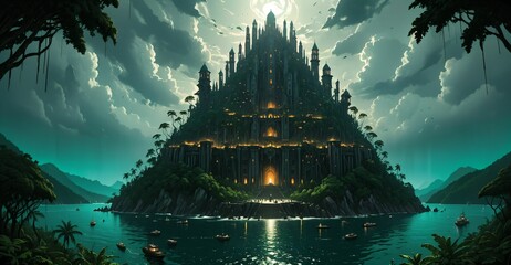 Canvas Print - gothic cyberpunk city base island forest surrounded by ocean sea water. goth futuristic sci-fi town with tropical forest trees landscape.