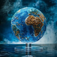 Wall Mural - Giant 3D Pixel Art Earth Globe with a Blue Space Backdrop