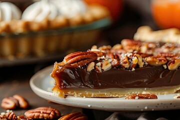 Close-up of a delicious pecan pie slice with rich caramel filling, topped with crunchy pecans, perfect for dessert and holiday celebrations.