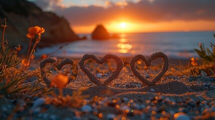three hearts with, a beach and sunset in the background