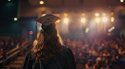 Graduate in Cap and Gown Facing Audience with Lights in Background