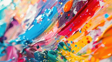 Poster - Close-up of a colorful abstract painting with vibrant splashes of paint in various hues, creating a dynamic background