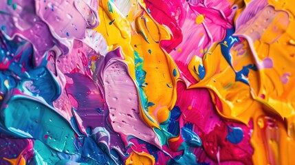 Poster - Close-up of a colorful abstract painting with vibrant splashes of paint in various hues, creating a dynamic background