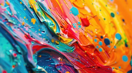 Poster - Close-up of a colorful abstract painting with vibrant splashes of paint in various hues, creating a dynamic background