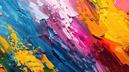 Wall Mural - Close-up of a colorful abstract painting with vibrant splashes of paint in various hues, creating a dynamic background