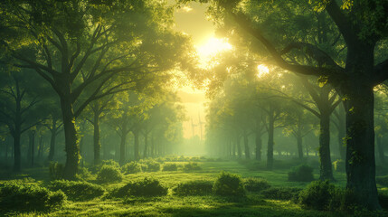 Wall Mural - A forest with trees and a sun shining through the trees