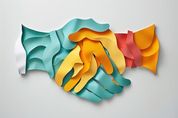Wall Mural - Vector paper cut of a handshake symbolizing friendship, limited to five cheerful colors, designed for Friendship Day