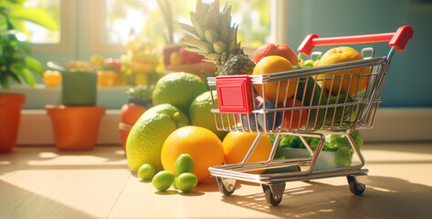 Wall Mural - Mini Shopping Cart With Fresh Fruits. Healthy Grocery Shopping Concept With Variety Of Fruits. Generative AI