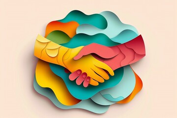 Wall Mural - Colorful vector paper cut design featuring a handshake, with no more than five vibrant colors, perfect for Friendship Day