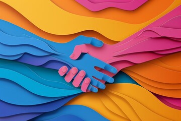 Wall Mural - Joyful vector paper cut design featuring a handshake, using a five-color scheme, perfect for commemorating Friendship Day