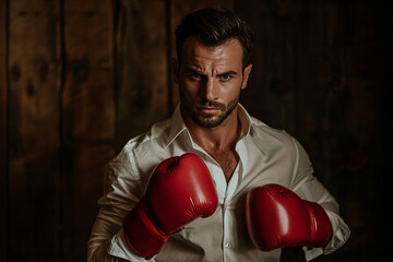 Wall Mural - handsome man in boxing gloves over dark background