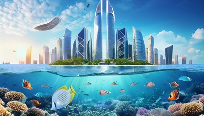 Futuristic city skyline with skyscrapers above water and a vibrant underwater scene with colorful fish and coral reefs. Hot air balloons and planes add to the dynamic and surreal atmosphere.	