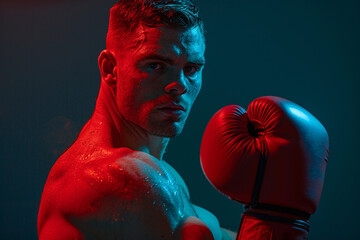 Wall Mural - naked man in boxing gloves over dark background