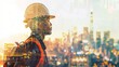 © buraratn - Construction worker overlaid with a city skyline, illustrating the integration of urban development and construction expertise