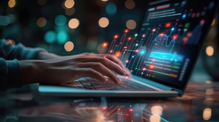 Poster - Digital graph on a laptop with hands typing, highlighting the process of analyzing and interpreting business data