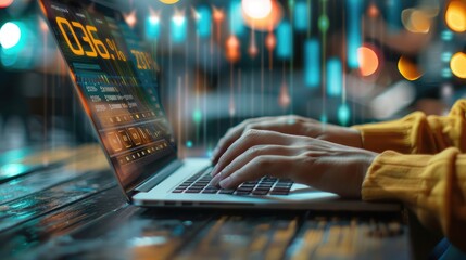 Poster - Digital graph on a laptop with hands typing, highlighting the process of analyzing and interpreting business data
