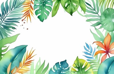 Wall Mural - Blank white watercolor background with tropical leaf border with empty space in the center, copy space