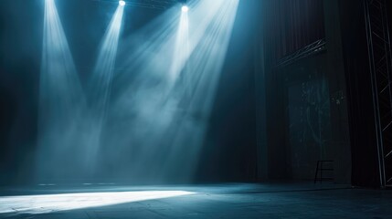 Poster - Empty theater stage with a single bright spotlight creating dramatic shadows and highlighting the performance area
