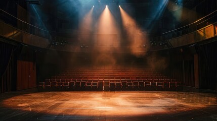 Poster - Empty theater stage with a single bright spotlight creating dramatic shadows and highlighting the performance area