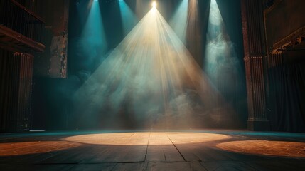 Poster - Empty theater stage with a single bright spotlight creating dramatic shadows and highlighting the performance area