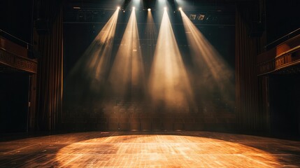 Poster - Empty theater stage with a single bright spotlight creating dramatic shadows and highlighting the performance area