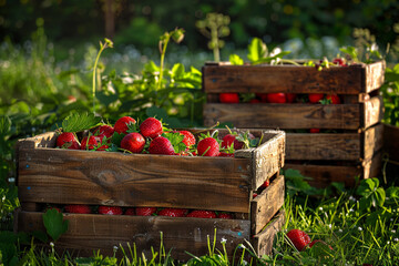 Wall Mural - strawberries in wooden crates in summer garden with copy space