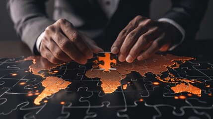 Businessman connecting jigsaw puzzle with global map, business connection and international network concept.